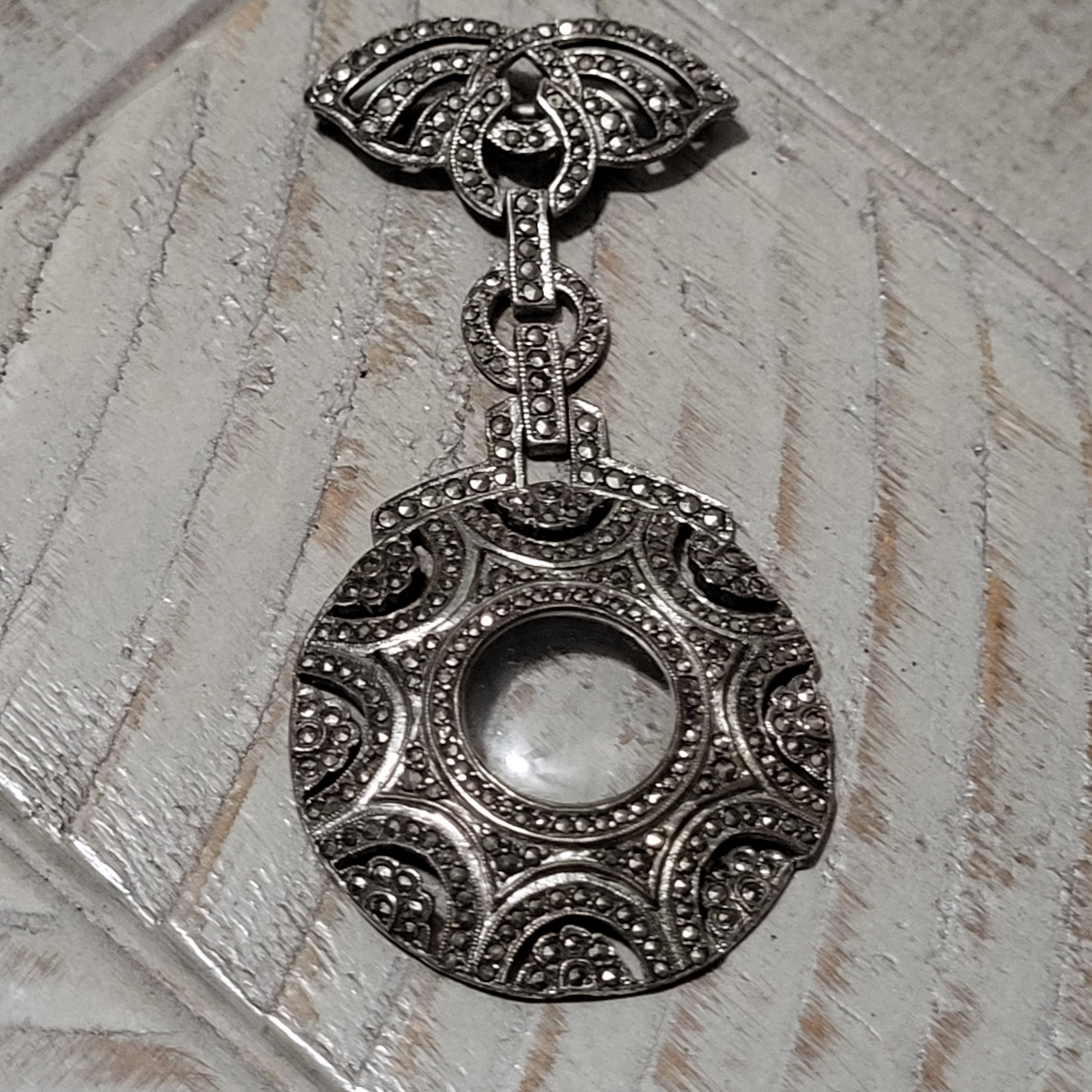 Vintage Kimler Daniels Sterling Silver Filigree Watch Fob Brooch Marcasite